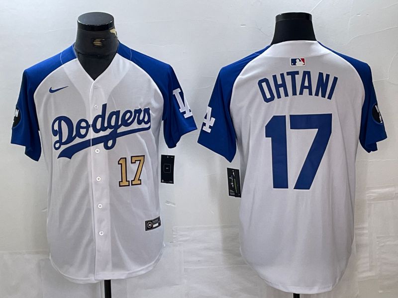 Men Los Angeles Dodgers 17 Ohtani White blue Fashion Nike Game MLB Jersey style 4